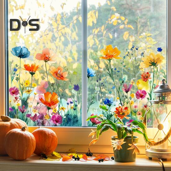 Colorful Floral Static Sticker Double-Sided Waterproof Flowers Sticker Spring Window Clings for Glass Windows Doors Home Office Decor