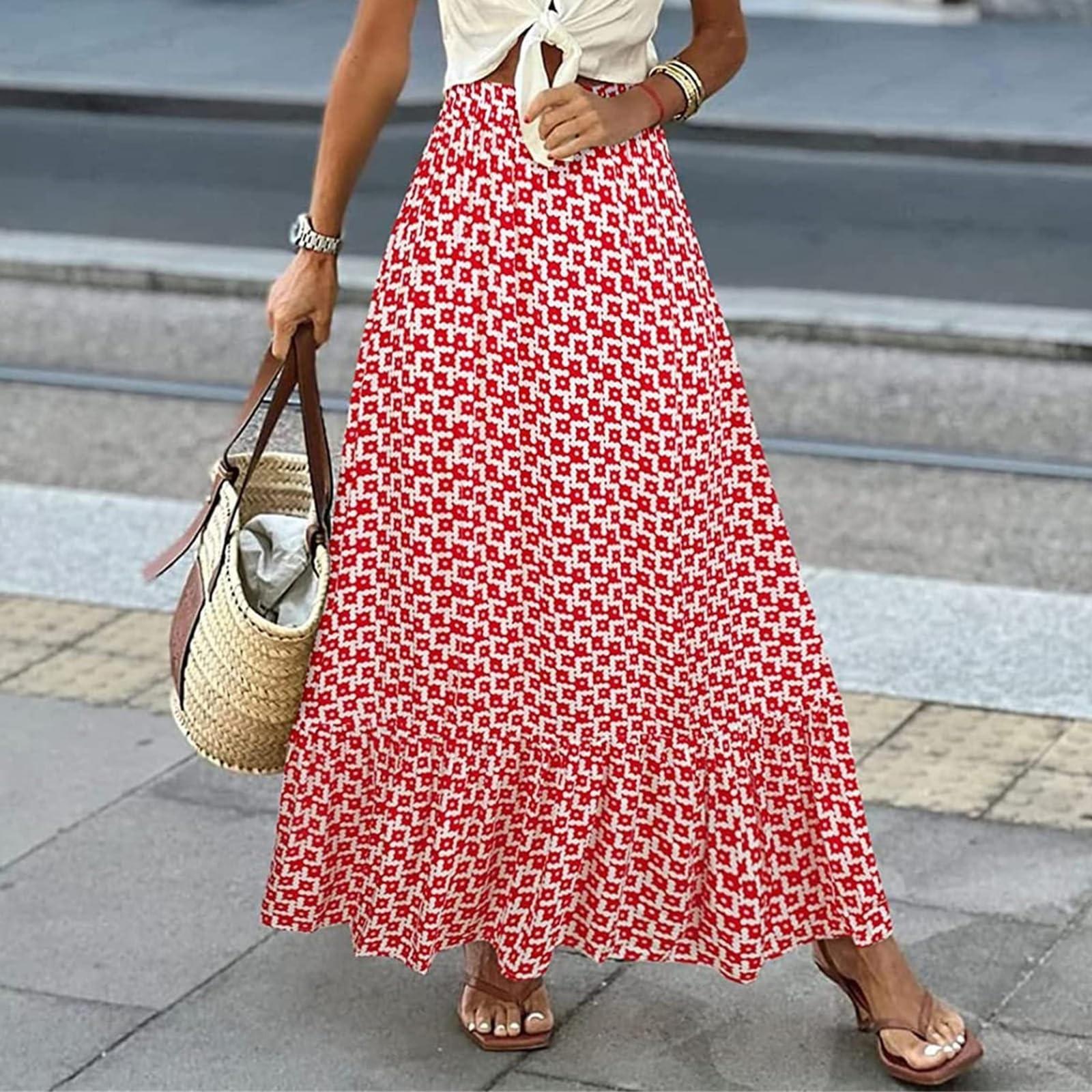 

Женская мода, богемная юбка с эластичной резинкой на талии, свободная повседневная юбка с высокой талией и большим подолом S красный