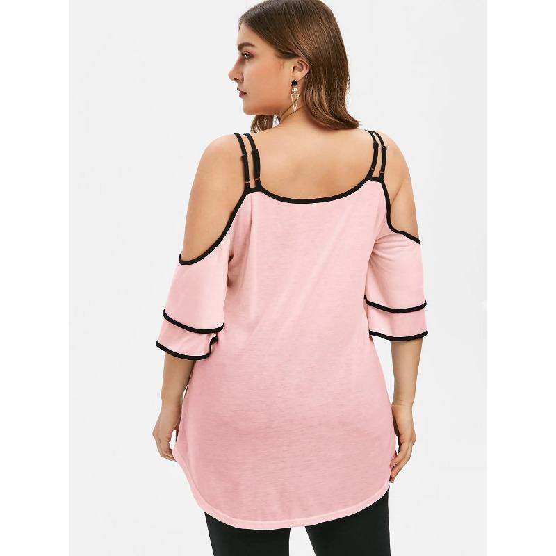 Womens Plus Size Cold Shoulder T Shirt Sequin Detail Ruffle Sleeve Keyhole Top