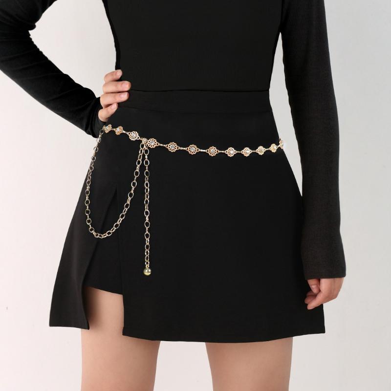 Adjustable Metal Pearl Waist Chain Flower Pattern Geometric Hollow Belly Chain for Women Casual Outfit Party Gift