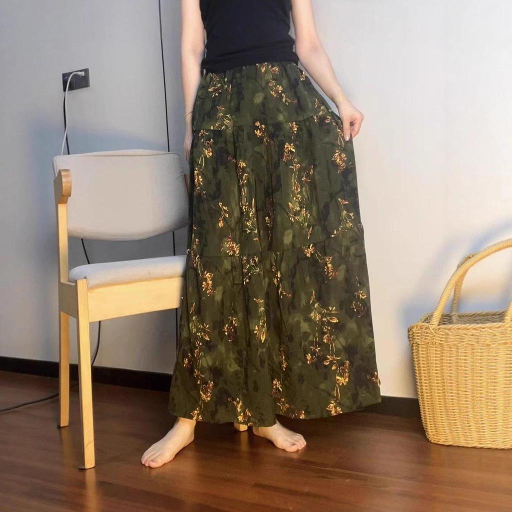 Women's Floral Print Cotton-Silk Elastic Waist Skirt - Southeast Asian Style for Spring and Summer