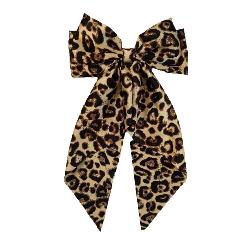 Vintage Leopard Print Bowknot Hairpin Long Ribbon Back Head Spring Clip Ponytail Headwear for Women Elegant Versatile Hairpin