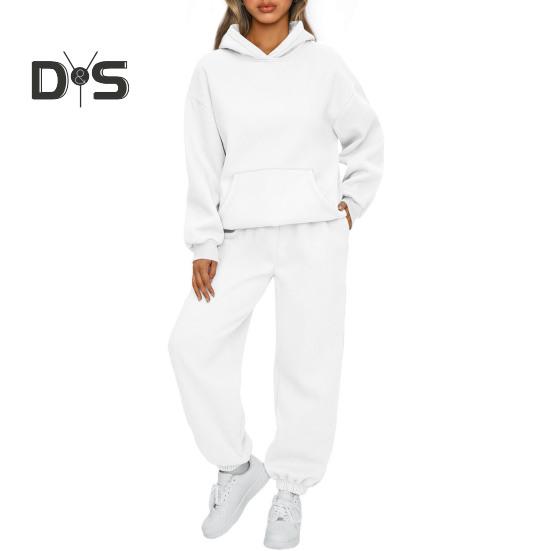 2 ks/sada Dámské sportovní top kalhoty set s kapucí, dlouhý rukáv, čistá barva, mikina s kapucí, elastický pas, volný, kalhoty s páskem ke kotníkům, ležérní, fitness tepláky, denní