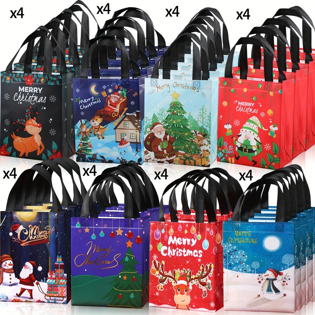 Christmas Gift Bags with Gift Tags, Large Reusable Shopping Totes, Festive Santa, Tree, Snowman "Merry Christmas" Design