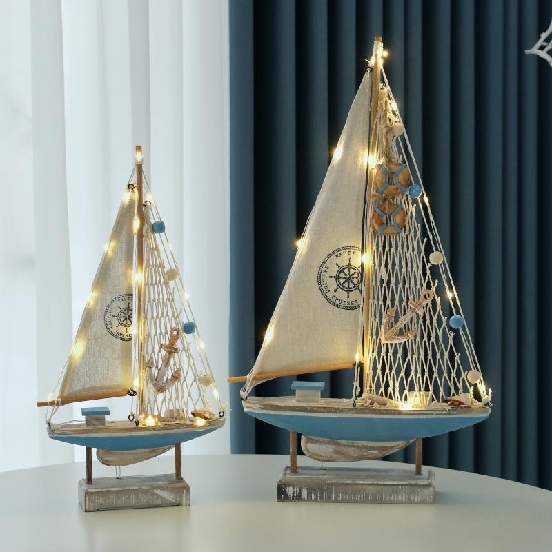 LED Wooden Sailboat Model, Nautical Mediterranean Style Home Decor, Coastal Sea Theme Tabletop Boat Ornament, Sailing Ship Gift