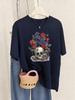 Roses With Skulls Prints T-Shirt Womens Summer Soft T Shirts Loose O-Neck Short Sleeve Tops Casual Comfortable Woman Streetwear