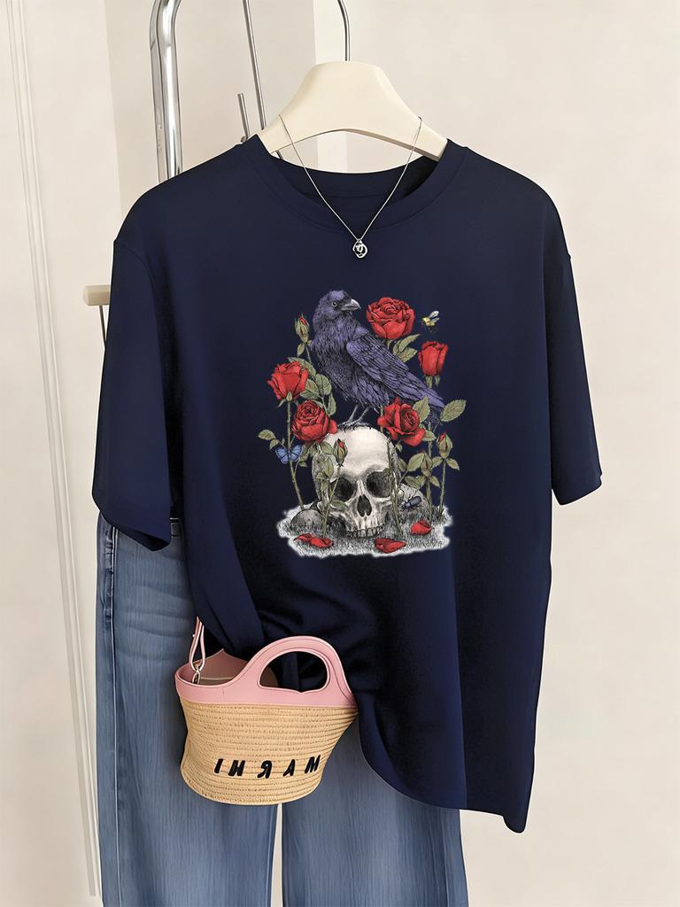 Roses With Skulls Prints T-Shirt Womens Summer Soft T Shirts Loose O-Neck Short Sleeve Tops Casual Comfortable Woman Streetwear