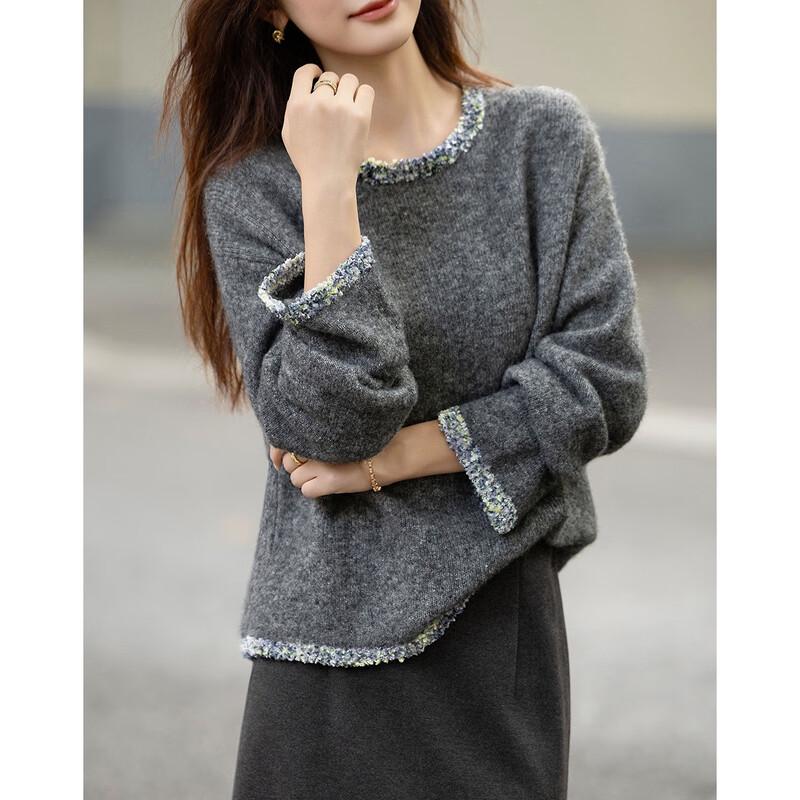 Demana Women's Color-Block Lamb Wool Blend Round Neck Knit Sweater