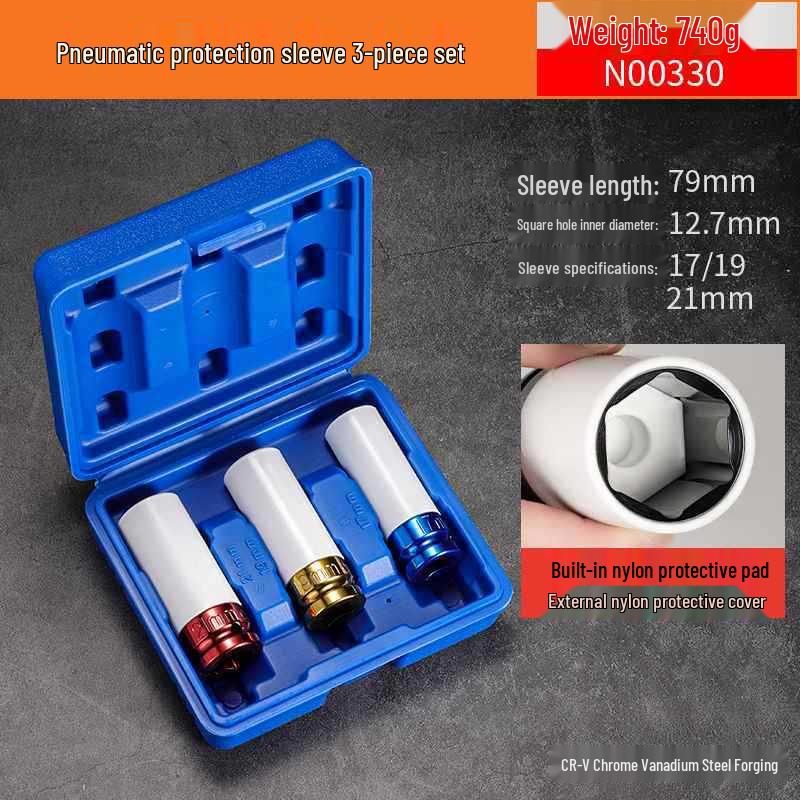 Extended Electric Socket Wrench Set with Large, Medium & Small Hexagonal Air Gun Heads for Auto Repair