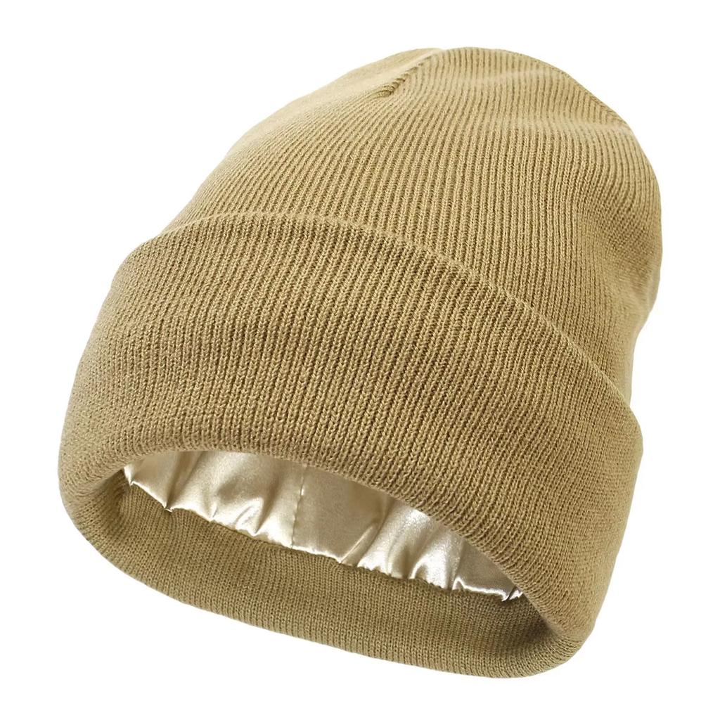 Unisex Satin Lined Beanie Hat For Women Winter Silk Lining Slouchy Warm Cuffed Skullies 2Layer Hair Cover Sleep Cap
