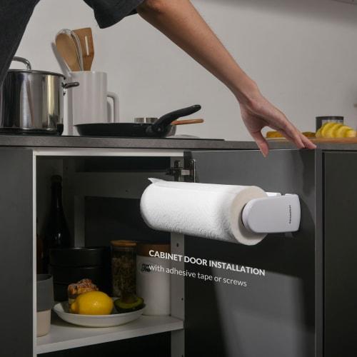 Simpletome Paper Towel Holder, Under Cabinet or Wall Mounted, One-Hand Operation, Tension Arm, Kitchen Paper Holder (White, Fits 24-28cm Rolls)