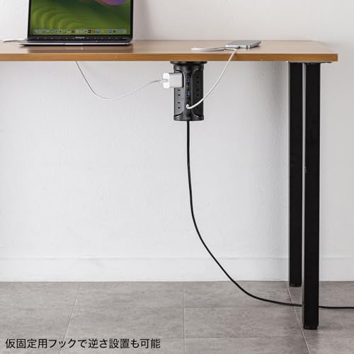 Sanwa Supply Tower-Style Power Strip with 12 AC Outlets, 2 USB-A Ports, and 1 Type-C Port, 2m Length, and a Centralized Switch, Black, TAP-B112C1A2BK