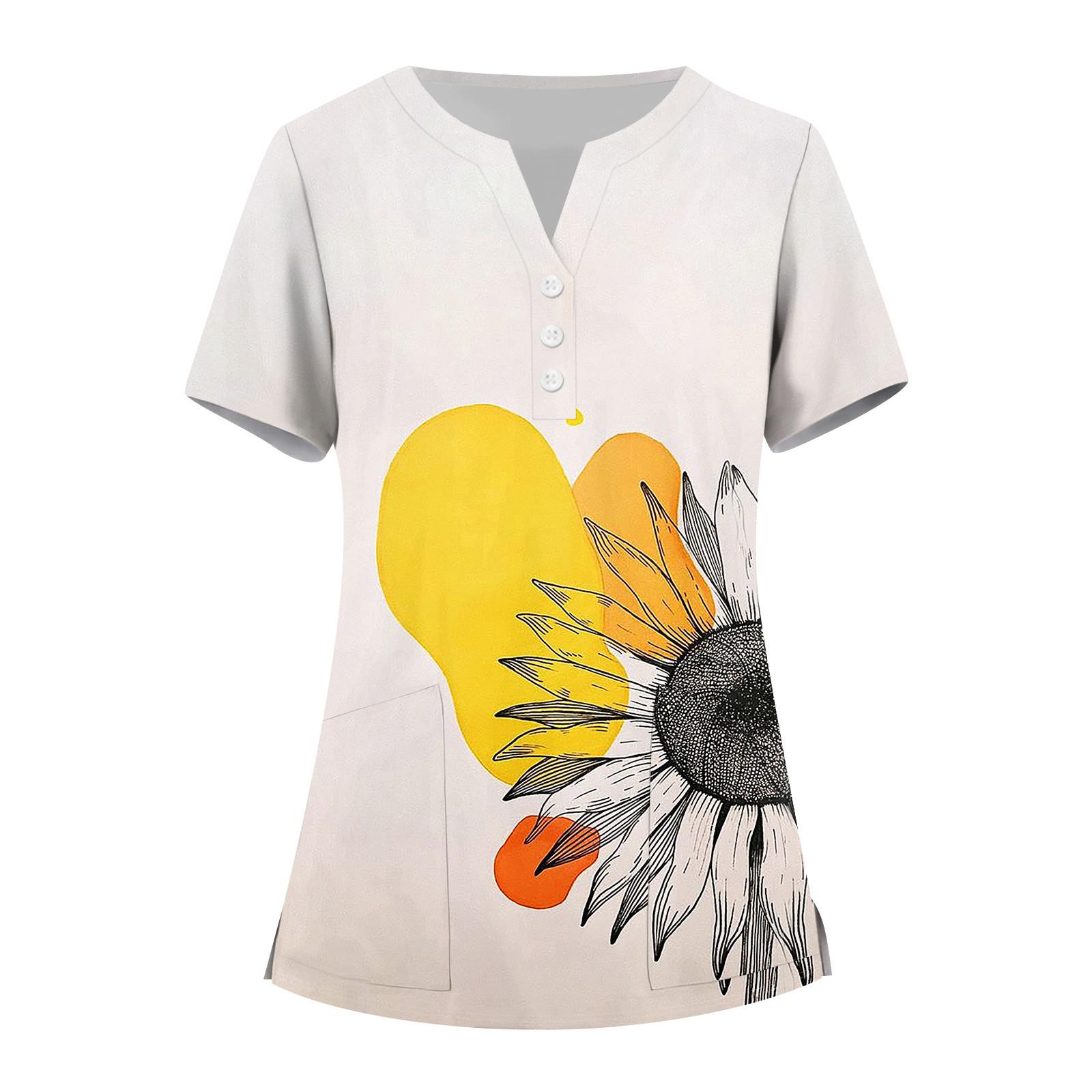 

Женская мода, рабочая одежда с v-образным вырезом, короткими рукавами и карманами, топы с принтом, летние топы для женщин L бежевый