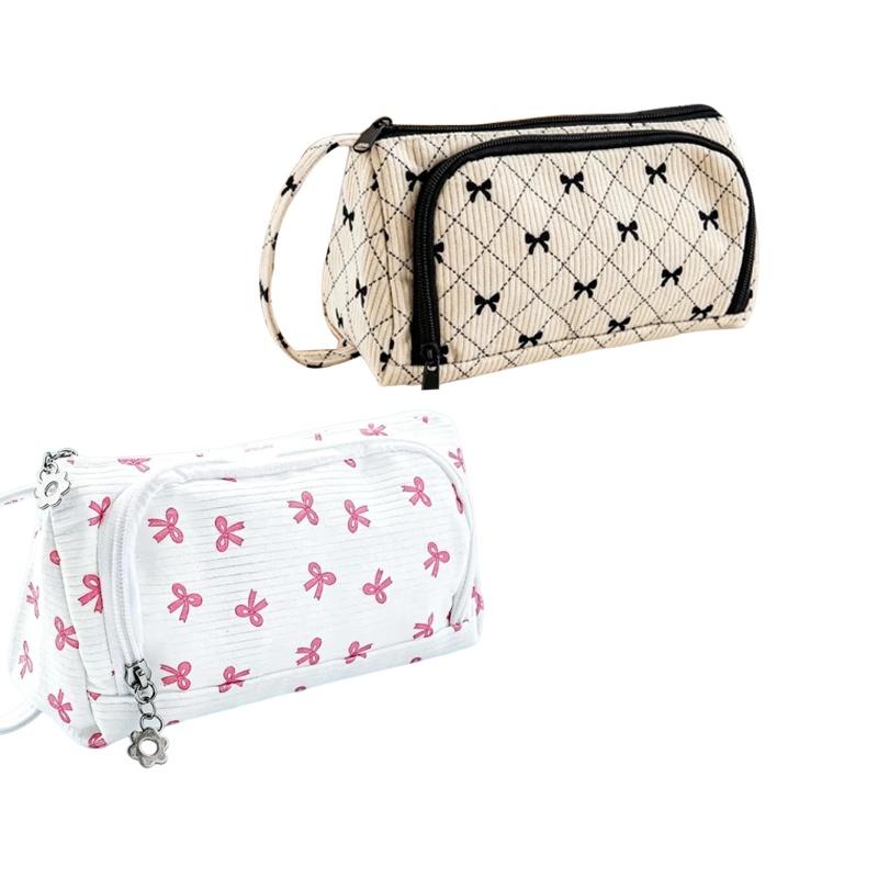 Large Capacity Pencil Case Multi Compartment Cute Bow Pen Bag Flower Zipper Kawaii Stationery Pouch For School Office
