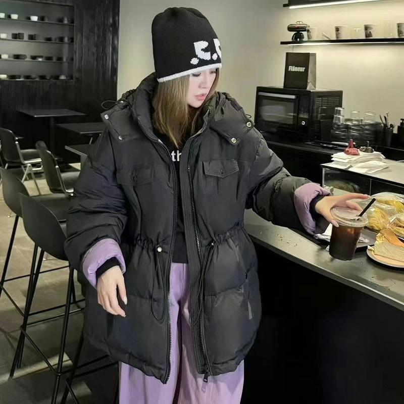 

European contrasting color white duck down jacket women s short 2025 winter fashion waist thin tooling thickened warm jacket M чорний