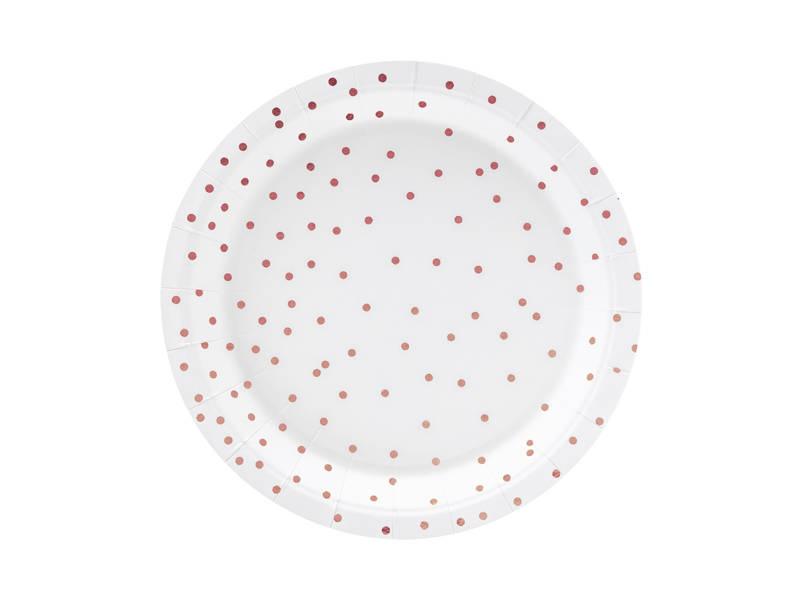 Dotted Paper Plates, White, Rose Gold, 18cm, 6 Pcs