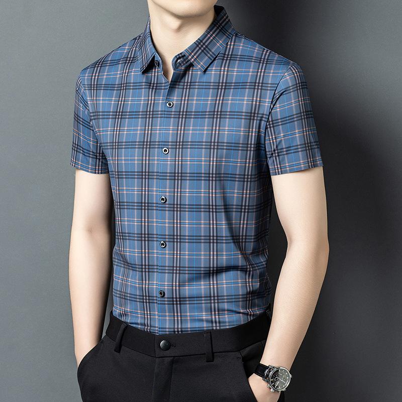 Striped Men's Short Sleeve Shirt Summer New Digital Printing Lapel Plaid Shirt Casual High Elastic Half Sleeve Top