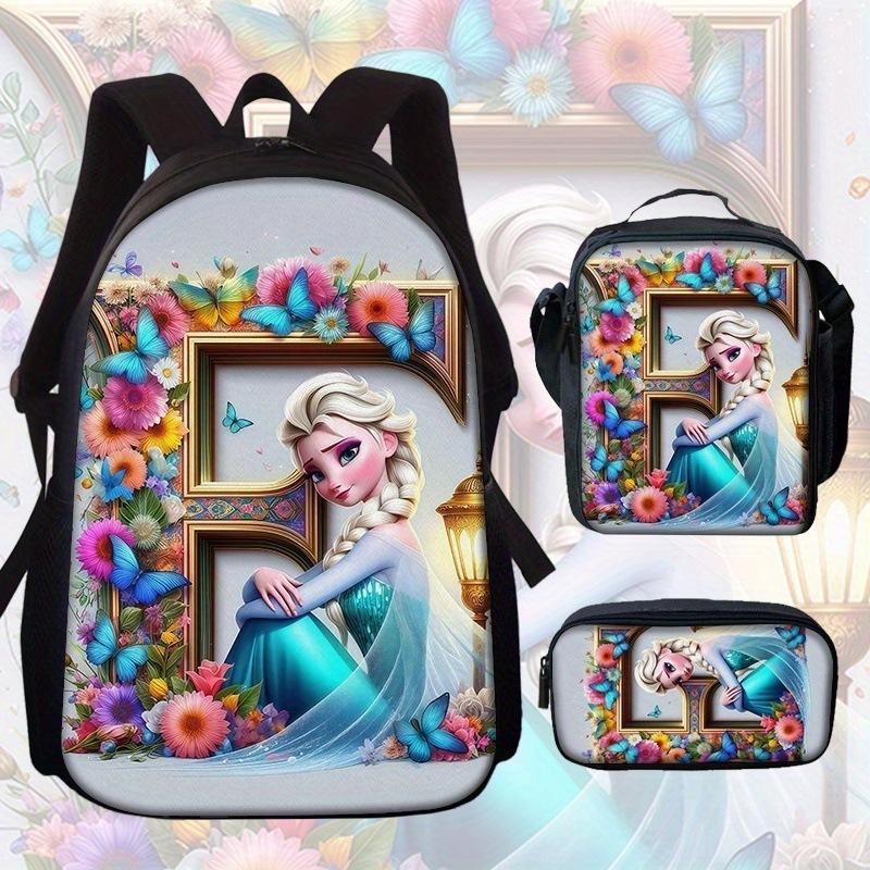 Zaino Scolastico Principessa Set da 3 Pezzi Grande Capacità Impermeabile Borsa a Spalla Astuccio Borsa a Tracolla per Bambini