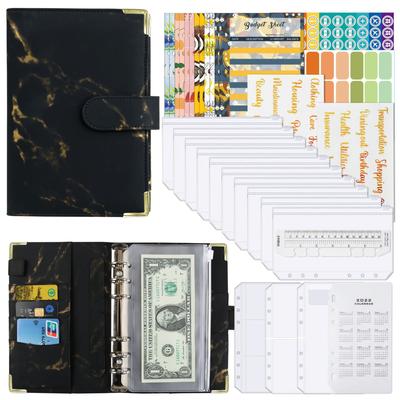 A6 PU Leather Notebook Binder Marble Refillable Binder Cover 6 Ring Loose Leaf Budget Planner Binder Cover with Magnetic Buckle