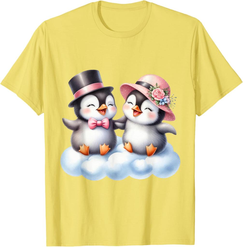 Süßes Pinguin-Paar auf Wolke Grafik-T-Shirt Entzückendes Valentinstagsgeschenk T-Shirt Unisex Tägliche Kleidung