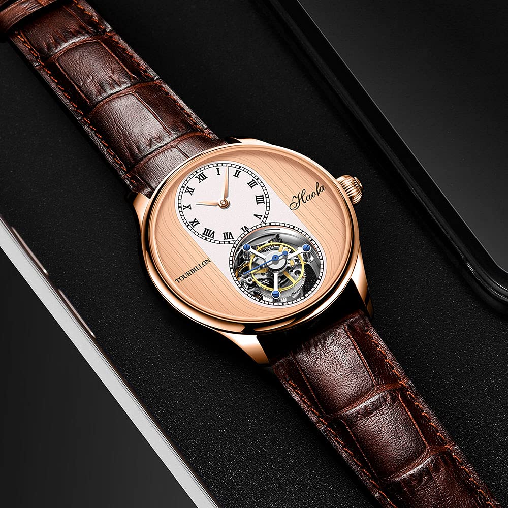 Zegarek mechaniczny HAOFA z tourbillonem, 8 tarcz, zabytkowe drewno, ultracienkie szkło szafirowe, pasek ze skóry naturalnej, luksusowy stylowy szkło szafirowe