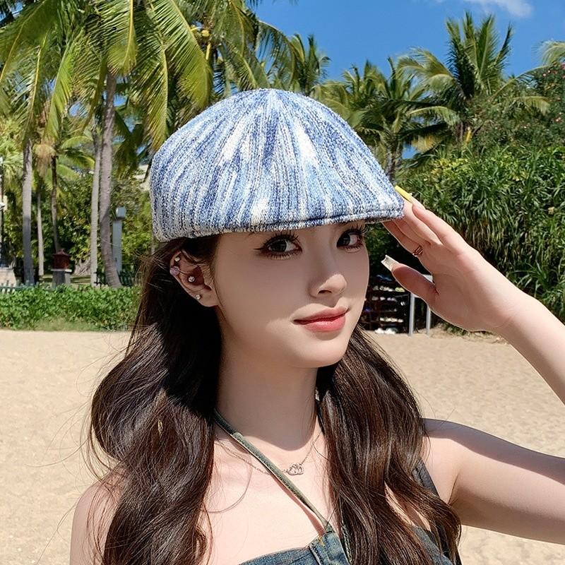 Womens Vintage Style Beret Cap With Short Brim Sunshade Breathable Polyester Summer Accessory