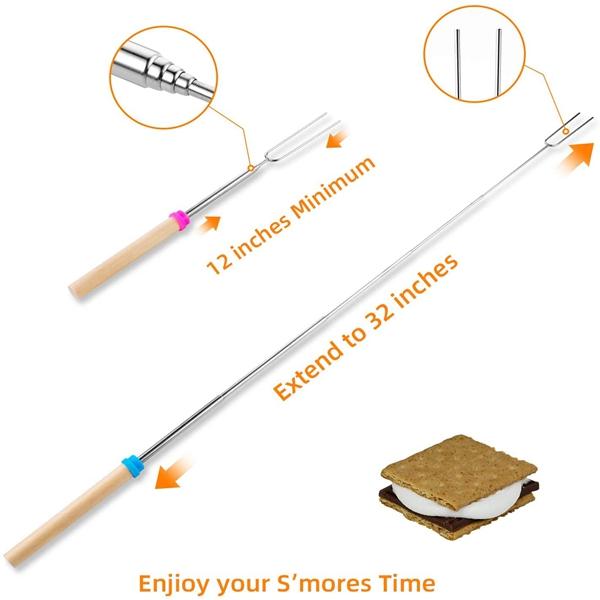 8ks Tyčinky na pečení marshmallow s dřevěnou rukojetí Výsuvné grilovací vidličky Špízy pro kempingový piknik na dvorku