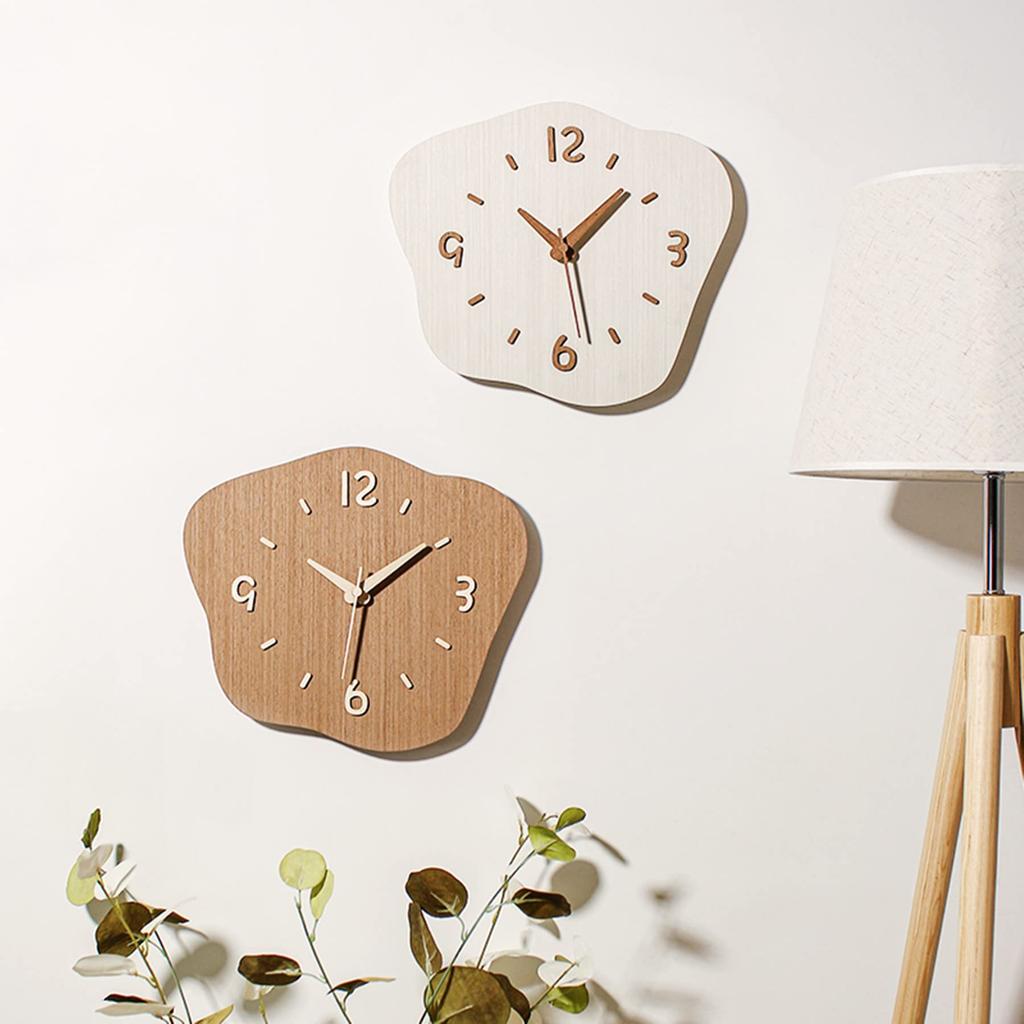 Danmukeji Wall Natural Solid Wood 3D Continuous for Home Living Interior Gift Wood Clock, Wooden, Stylish, Nordic, Silent, Flower-Shaped, Frameless,