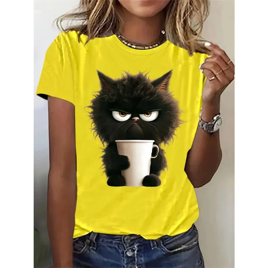 Cartoon Cat Printed Round Neck T Shirt Cotton Tee Summer Spring Season Short Sleeve Casual Tops Harajuku Women's Breathable Short Sleeve