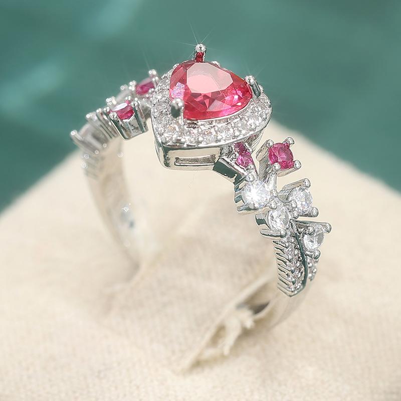Exquisite Inlaid White Red CZ Heart Women's Ring Sparkling CopperColor Geometry Daily Wear Party Jewelry Anniversary Gift