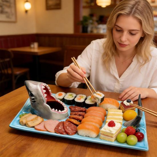 Shark Sushi Plates Handmade Shaped Appetizer Soy Sauce Bowl Tray with Ceramic Shark & Chopstick Rest