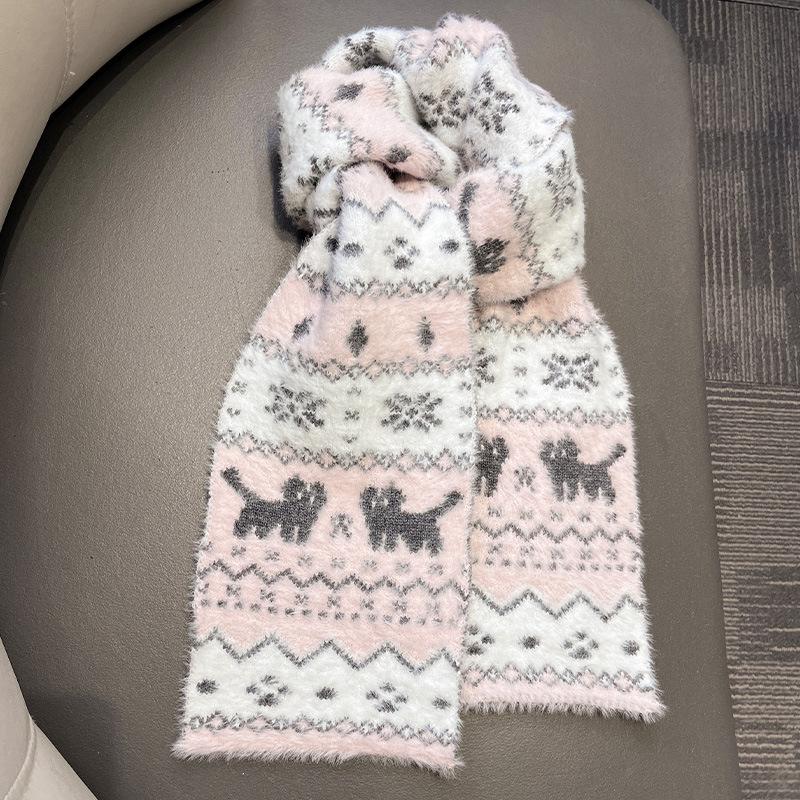 Fair Island wind cute cat double-sided knitted scarf female autumn and winter warm college wind versatile scarf windproof and cold