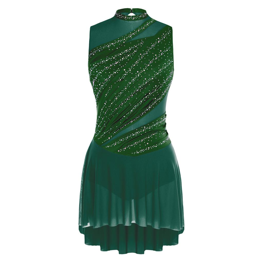 Women Ruched Dance Dress Shiny Rhinestone Sleeveless Lyrical Dancing Outfit