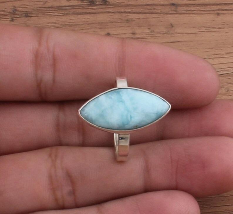Solid 925 Sterling Silver Natural Larimar Gemstone Marquise Shape Ring Handmade Jewelry Unisex Gift