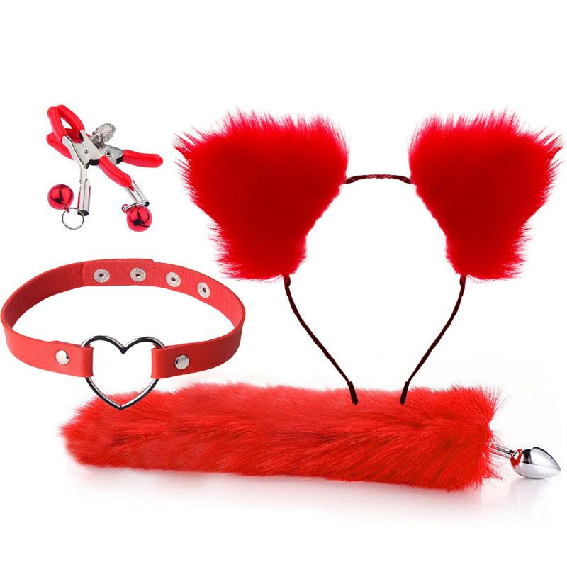 Anal Sex Toys Fox Tail Butt Plug Sexy Plush Cat Ear Headband with  Leather Necklace Set Massage Sex Toys Women Couples Cosplay