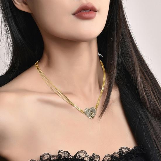 Yousheng Women Necklace Magnetic Broken Heart Pendant Rhinestone Three-layered Snake Bone Chain Prom Party Clavicle Necklace Weddings Jewelry