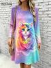 Cute Cat Floral 3D Print Dresses Women's Fashion Gradient Long-Sleeve Dress Autumn Winter Daily Casual Women's Loose Home Dress
