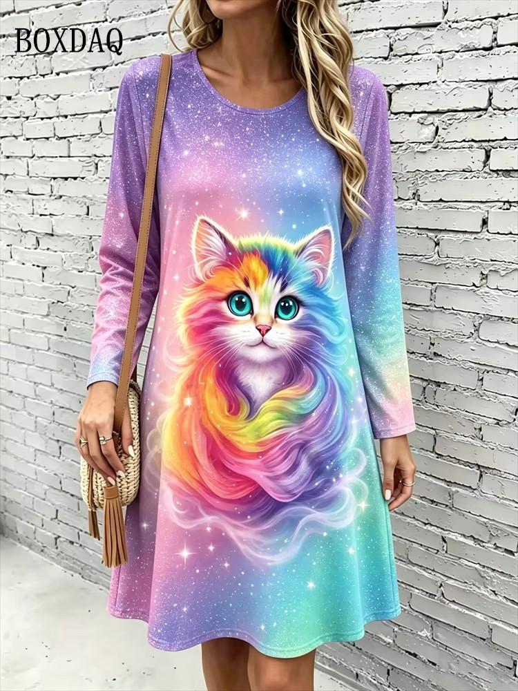 Cute Cat Floral 3D Print Dresses Women's Fashion Gradient Long-Sleeve Dress Autumn Winter Daily Casual Women's Loose Home Dress