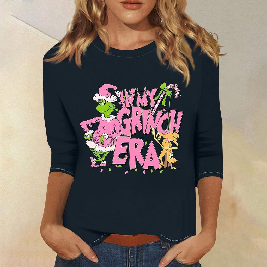 3/4 Sleeve Tops For Women T-Shirt Casual Christmas Print Tops T Shirt Round Neck Pullover Blouse