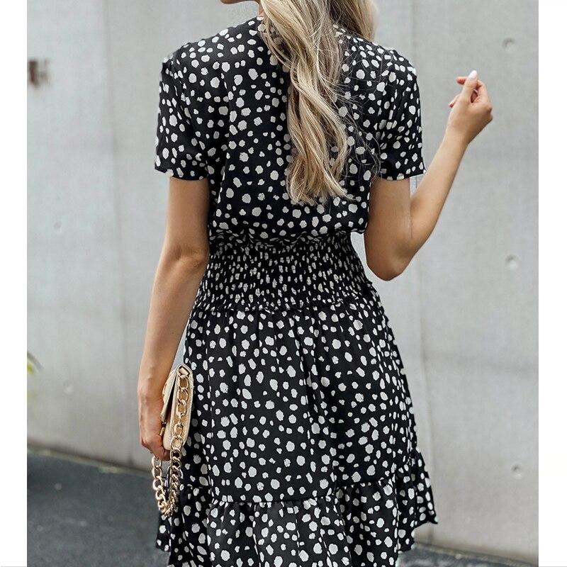 Fashion Slim Dot Printed O-neck Mini Dress Women Sexy Short-sleeved Elastic Waist Ladies Dress Sweet Pink A-line  Robe 26508
