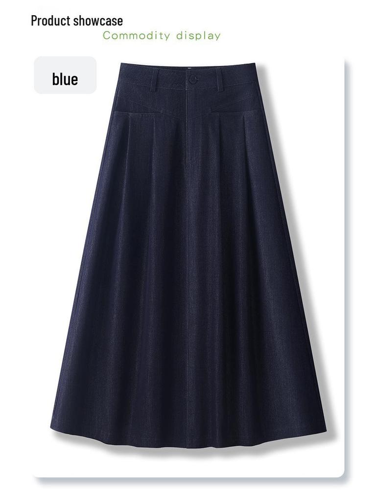 Women's High-Waist Dark Blue Denim Pleated Midi Skirt, 2025 New A-Line Slimming Design