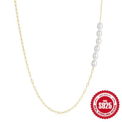 Japanese And Korean Style S925 Sterling Silver Double-Spell Paper Clip With A Sense Of Design Fashion Pearl Necklace Collarbone Chain