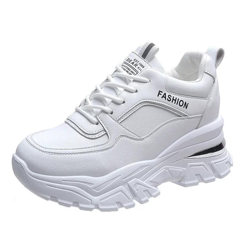 Fashion Women's Height Increasing Chunky Sneakers White Platform Sports Shoes Women PU Thick Bottom Vulcanized Shoes Zapatos De Mujer