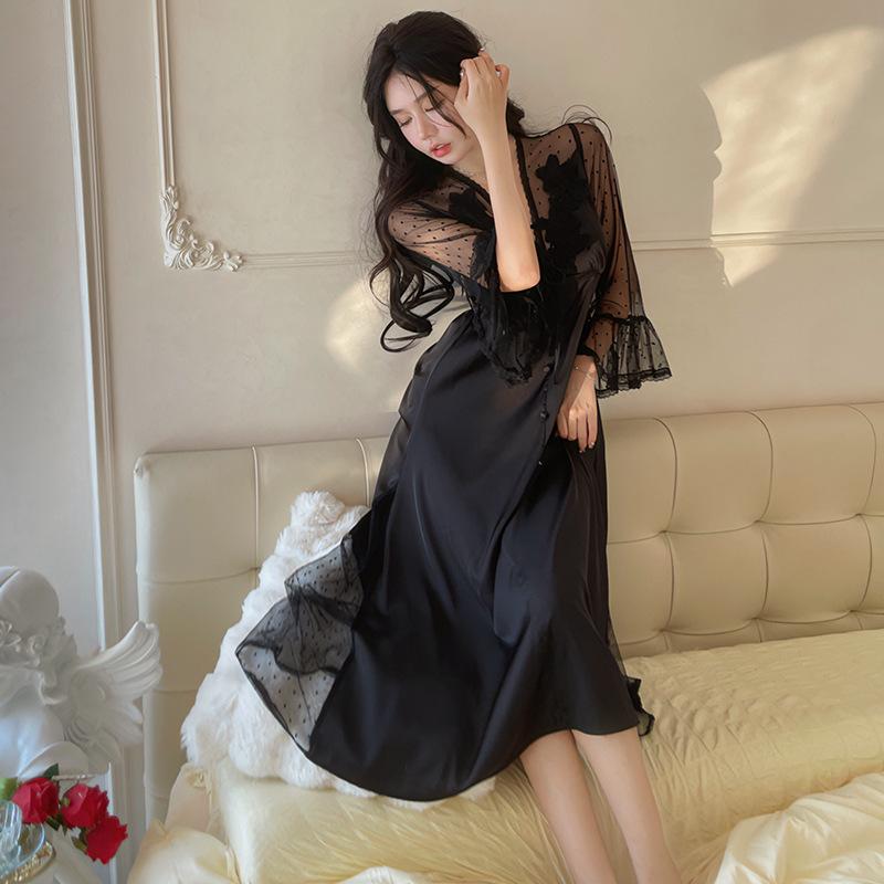 New sexy pajamas women's ice silk summer lace long dress French fairy style can be worn outside loungewear