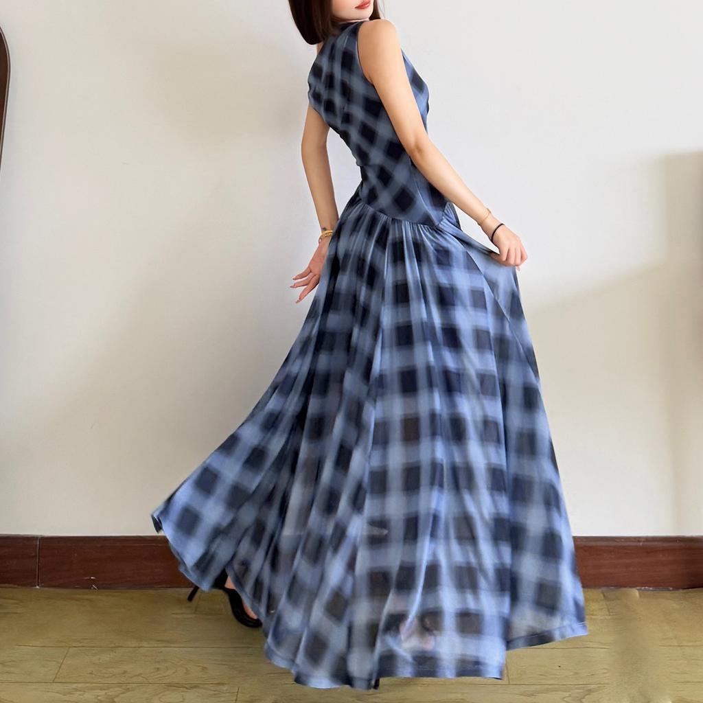 2026 European and American summer new casual style split slanted shoulder design irregular plaid suspender dress women
