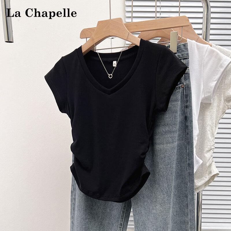 La Chapelle Pleated V-neck Puff Sleeve T-shirt L