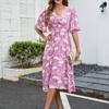 Women's Casual Printed V-Neck Short Sleeved Waist Dress Bohemian Beach Skirt Beach Skirt