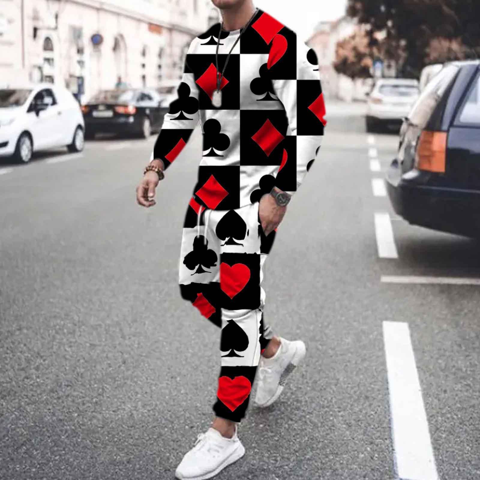 

Весна и осень 2024, новый комплект с 3D-печатью покера для мужчин и женщин, повседневный пуловер с длинными рукавами, комплект из топа и брюк