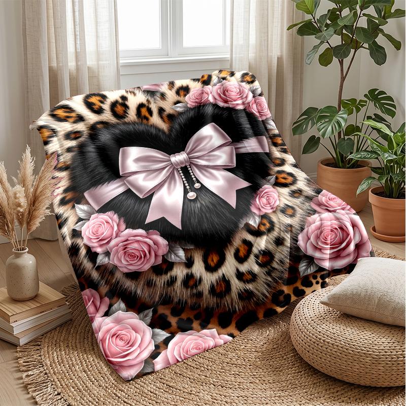 Leopard Heart Roses Art 1 Theme blanket Lightweight Warm Flannel Blanket Decorative Throw Blanket for Home Decoration