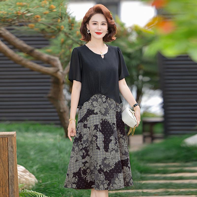 

Elegant New Style Faux Two-Piece Dress for Moms - Slimming, Belly-Hiding Summer Fashion Skirt 5XL (for 72.5-80 kg) чёрный
